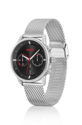 Stainless-steel watch with black dial and mesh bracelet, Silver