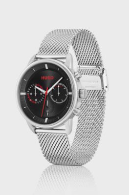 Stainless-steel watch with black dial and mesh bracelet, Silver
