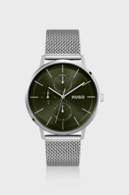 Olive-dial multi-function watch with mesh bracelet, Silver