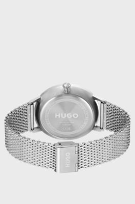 Olive-dial multi-function watch with mesh bracelet, Silver