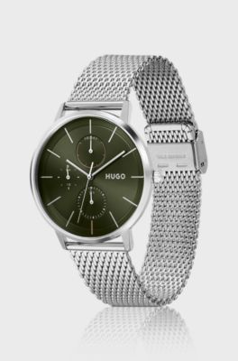 Olive-dial multi-function watch with mesh bracelet, Silver
