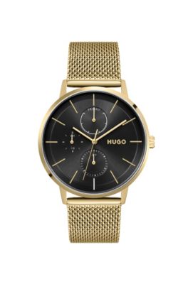 HUGO Yellow gold toned watch with mesh bracelet