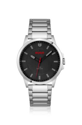 Stainless-steel watch with vertical-brushed black dial, Silver