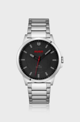 Stainless-steel watch with vertical-brushed black dial, Silver