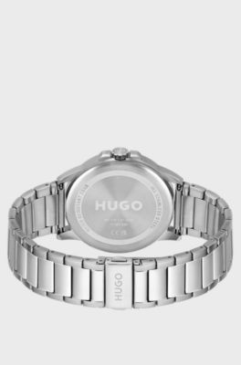 Stainless-steel watch with vertical-brushed black dial, Silver