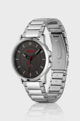 Stainless-steel watch with vertical-brushed black dial, Silver
