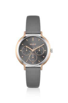 Two-tone watch with grey leather strap, Grey