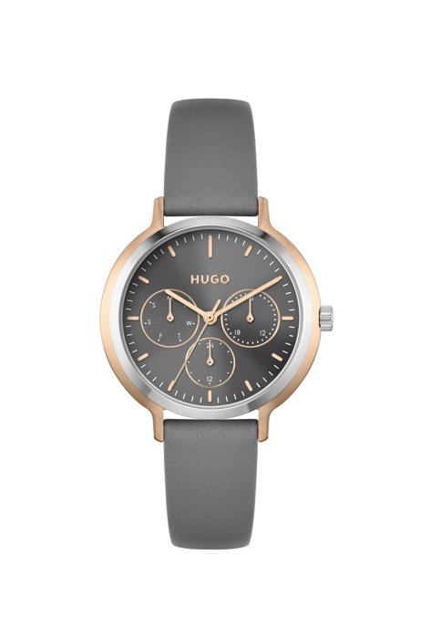 Two-tone watch with grey leather strap, Grey