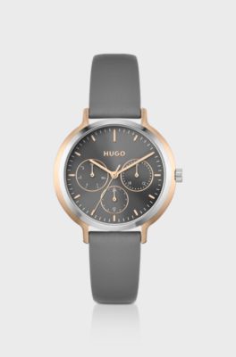 Two-tone watch with grey leather strap, Grey