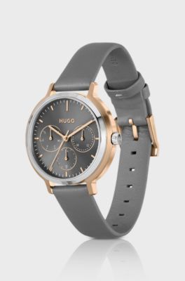 Two-tone watch with grey leather strap, Grey