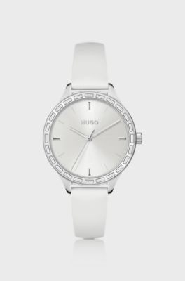 Leather-strap watch with baguette-crystal-set bezel, Silver