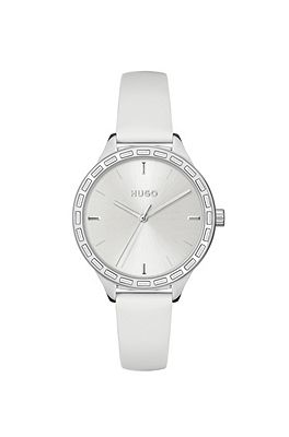 Crystal Bezel Quilted Vegan Leather Strap Watch