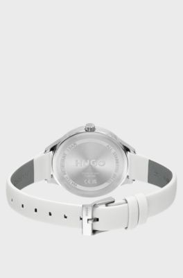 Leather-strap watch with baguette-crystal-set bezel, Silver