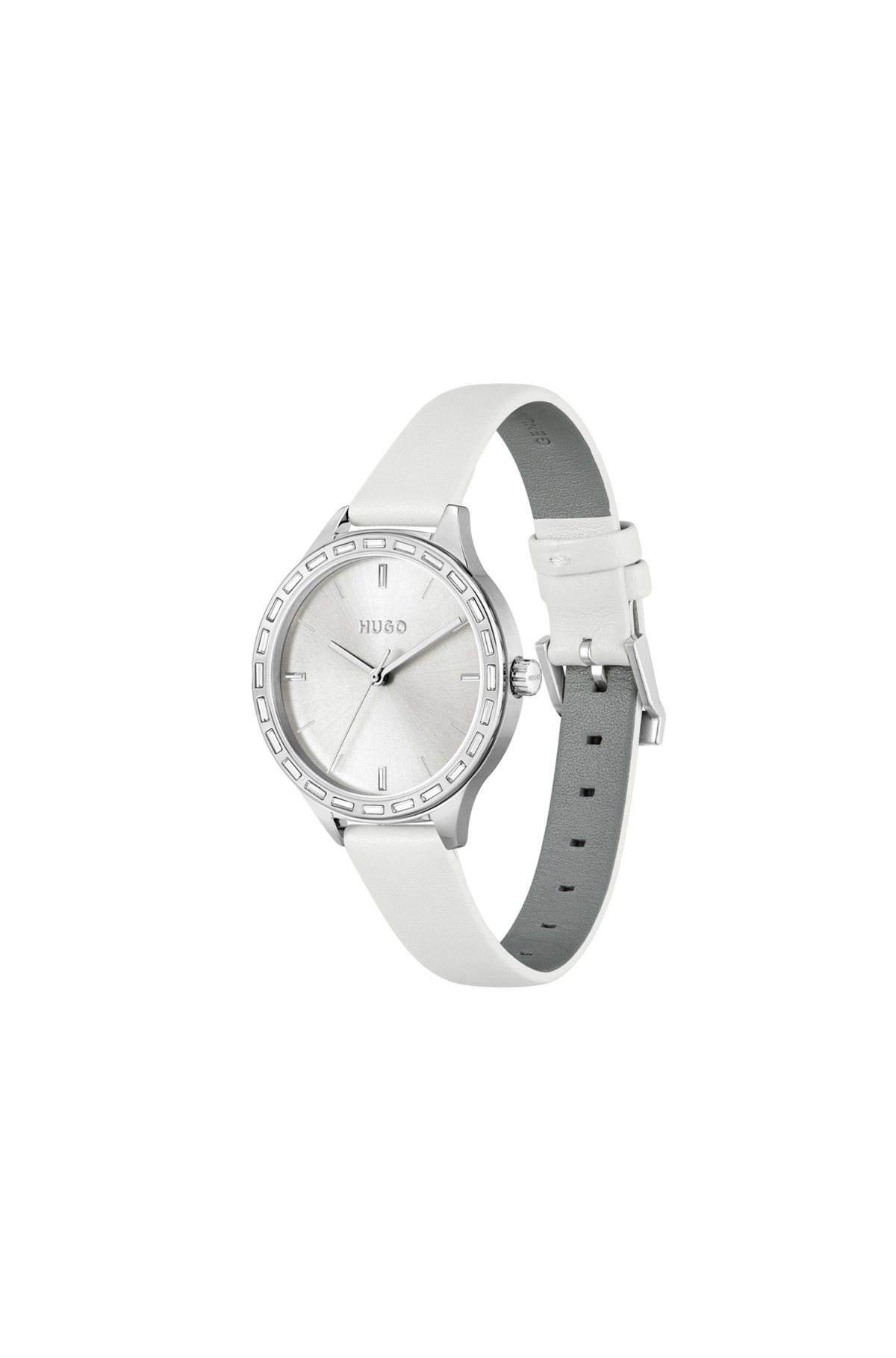 Leather-strap watch with baguette-crystal-set bezel, Silver