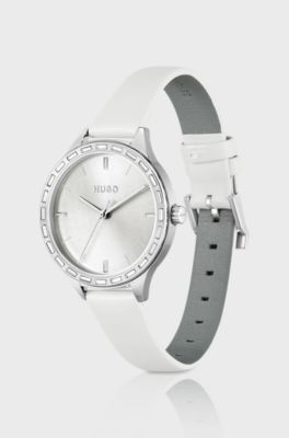 Leather-strap watch with baguette-crystal-set bezel, Silver