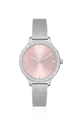 Mesh-bracelet watch with baguette-crystal-set bezel, Silver
