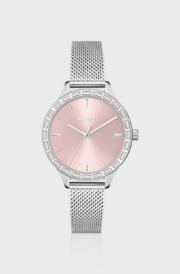 Mesh-bracelet watch with baguette-crystal-set bezel, Silver