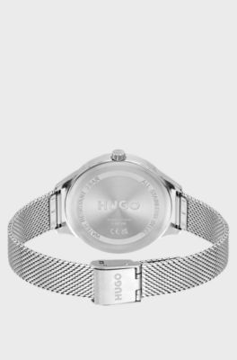 Mesh-bracelet watch with baguette-crystal-set bezel, Silver