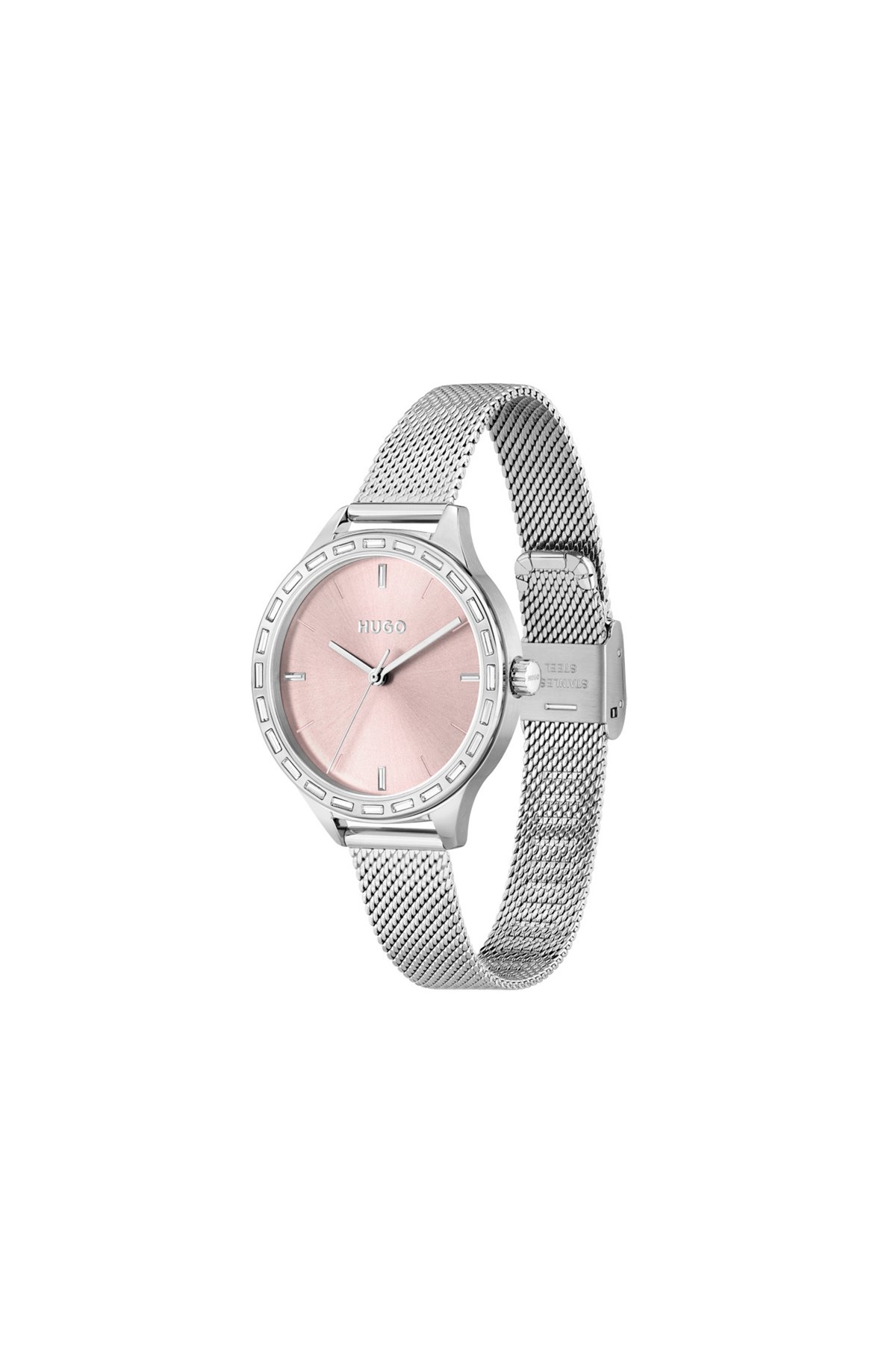 Mesh-bracelet watch with baguette-crystal-set bezel, Silver