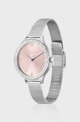 Mesh-bracelet watch with baguette-crystal-set bezel, Silver