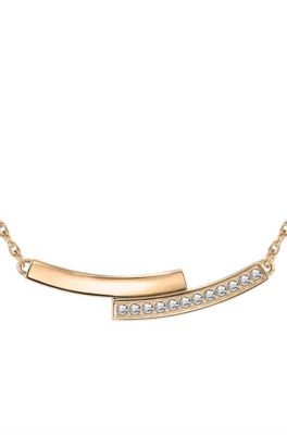 Gold-tone necklace with crystal-studded bar pendant, Gold tone