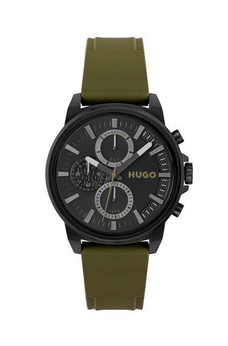 Black-plated watch with olive silicone strap, Assorted-Pre-Pack