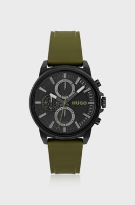 Black-plated watch with olive silicone strap, Khaki