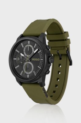 Black-plated watch with olive silicone strap, Khaki