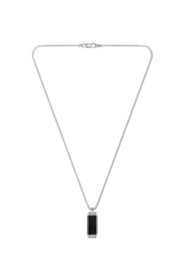 Silver-tone box-chain necklace with black-insert pendant, Silver tone