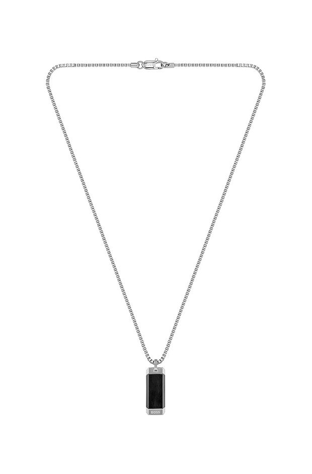 Halskæde med firkantede led samt sort og sølvfarvet vedhæng, Sølv