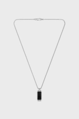 Silver-tone box-chain necklace with black-insert pendant, Silver tone
