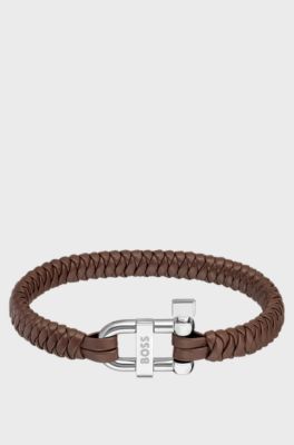 Brown braided-leather cuff with branded D-ring closure, Assorted-Pre-Pack