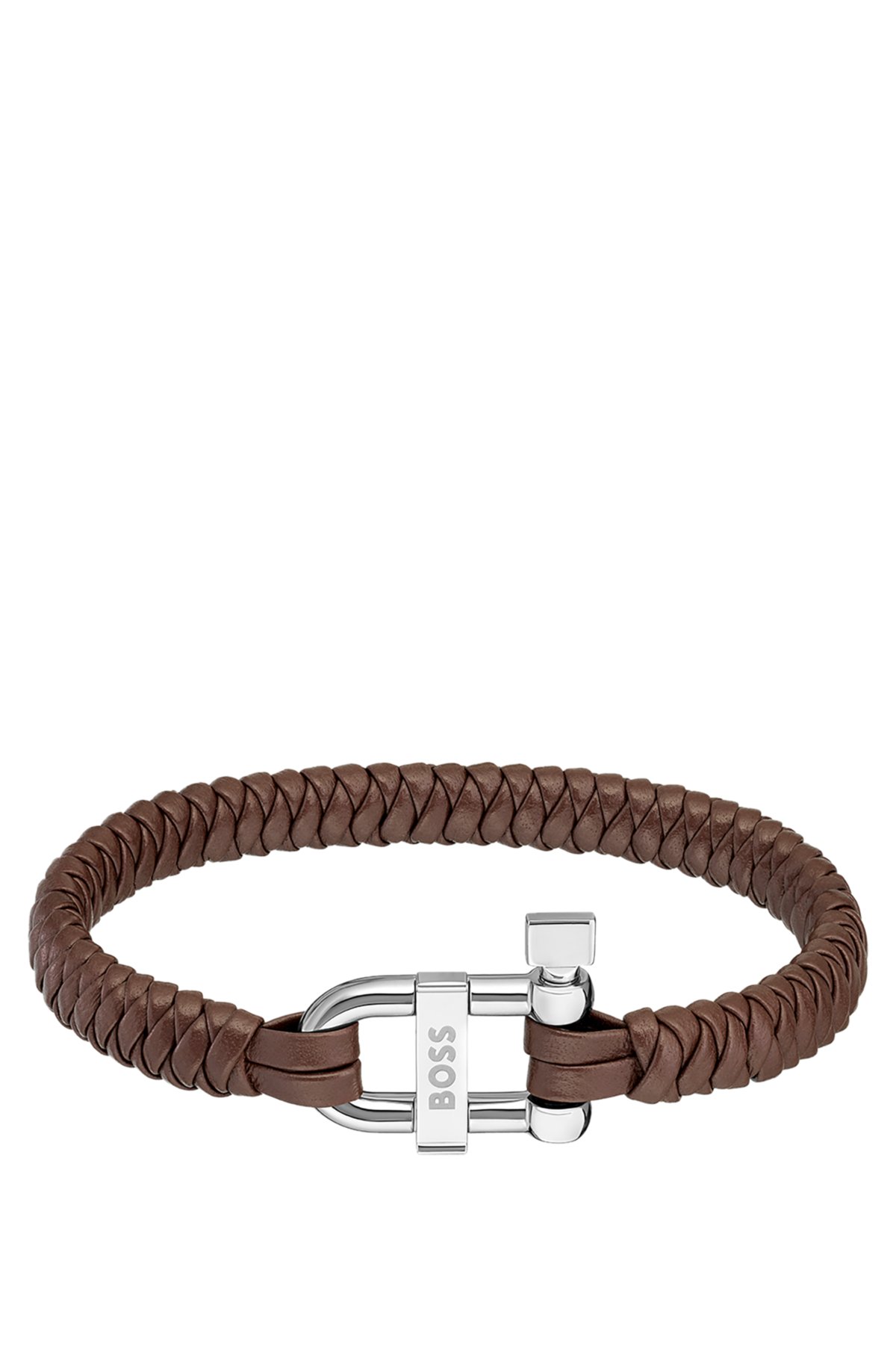 BOSS - Bracelet en cuir tressé marron avec fermoir à anneau en D