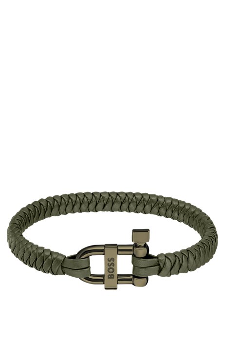 Khaki braided-leather cuff with branded D-ring closure, Khaki