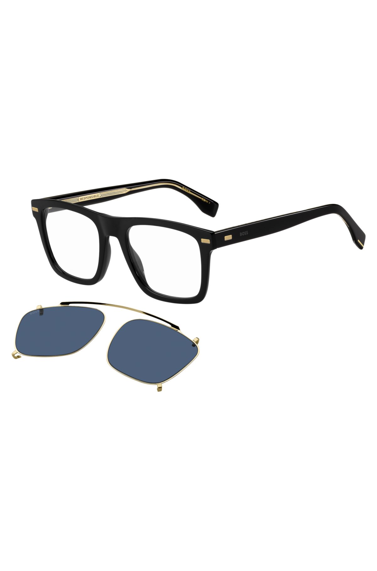 BOSS - Montura para gafas bioacetato negro con lentes de sol con enganche de clip de metal