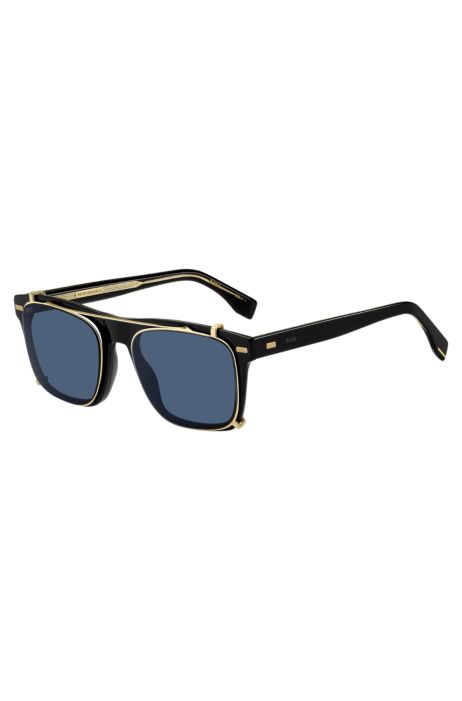 BOSS - Montura para graduadas de bioacetato negro con lentes de sol con enganche de clip metal