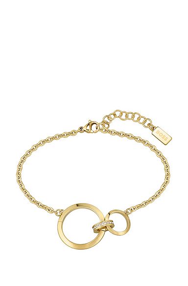 Triple-ring chain bracelet with crystal studs, Gold