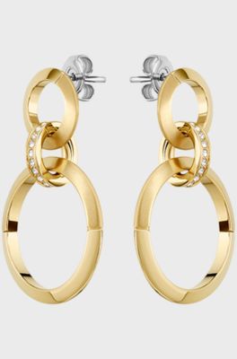 Triple-ring earrings with crystal studs, Gold tone