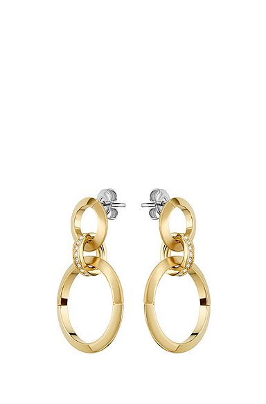 Triple-ring earrings with crystal studs, Gold