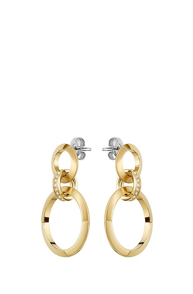Triple-ring earrings with crystal studs, Gold