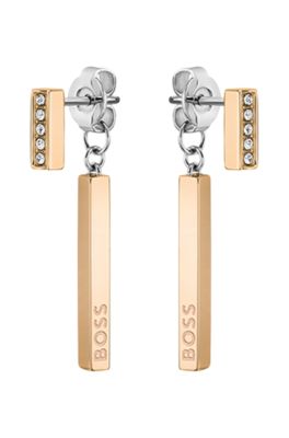 残りわずか BOSS BLACK ゴールドトーン ピアス クリスタル BOSS - ゴールドトーンバー ピアス クリスタル＆ロゴ - ゴールド