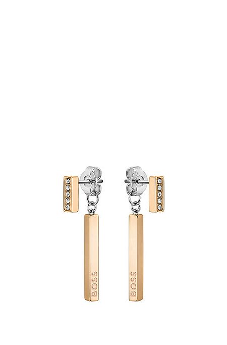 Gold-tone bar earrings with crystals and logos, Gold