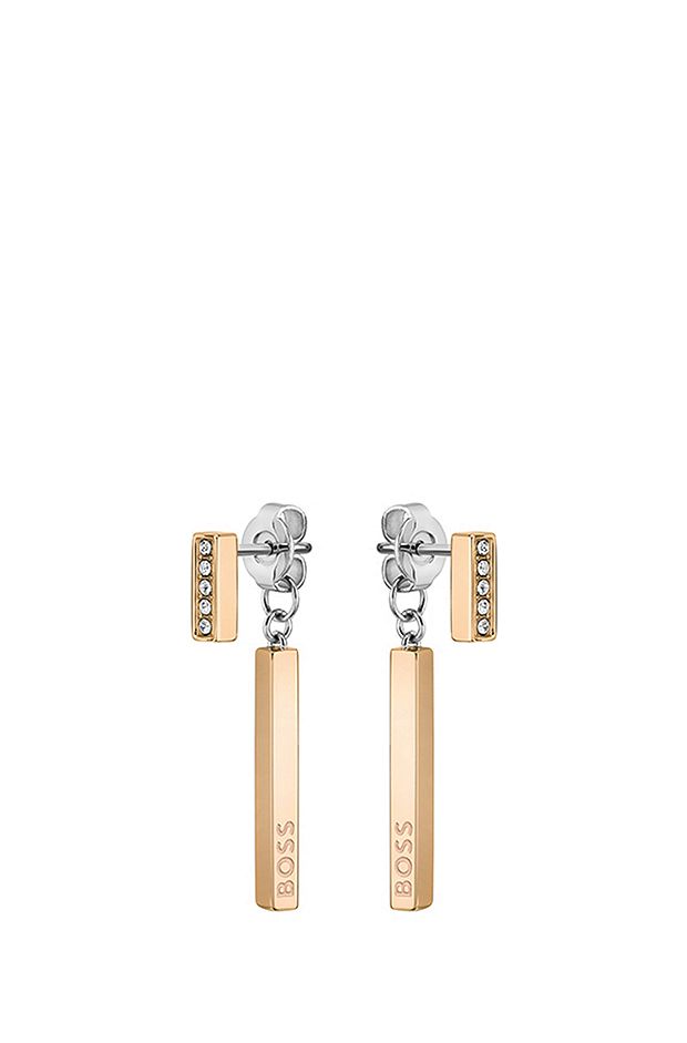 Gold-tone bar earrings with crystals and logos, Gold