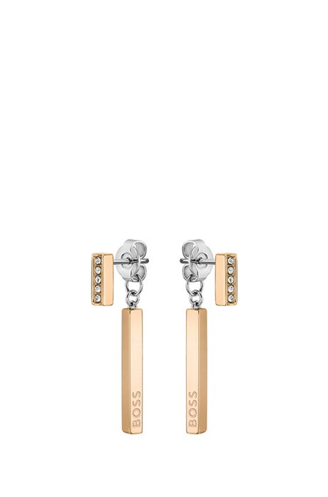 Gold-tone bar earrings with crystals and logos, Assorted-Pre-Pack