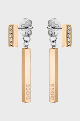 Gold-tone bar earrings with crystals and logos, Gold tone