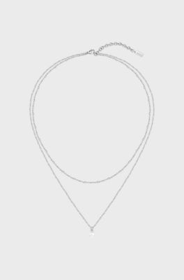 Silver-tone layered chain necklace with genuine pearl pendant, Silver tone