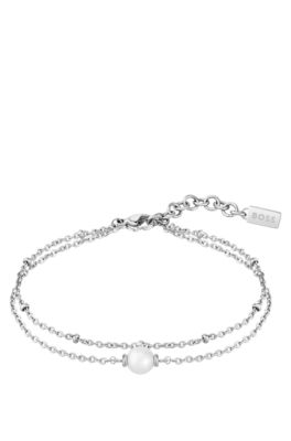 Double stainless-steel bracelet with cultured pearl, Silver tone