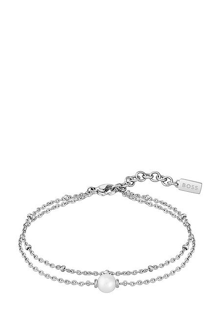 Double stainless-steel bracelet with cultured pearl, Silver