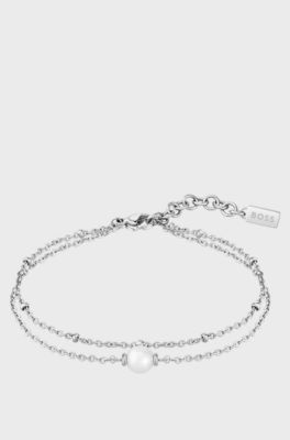 Double stainless-steel bracelet with cultured pearl, Silver tone