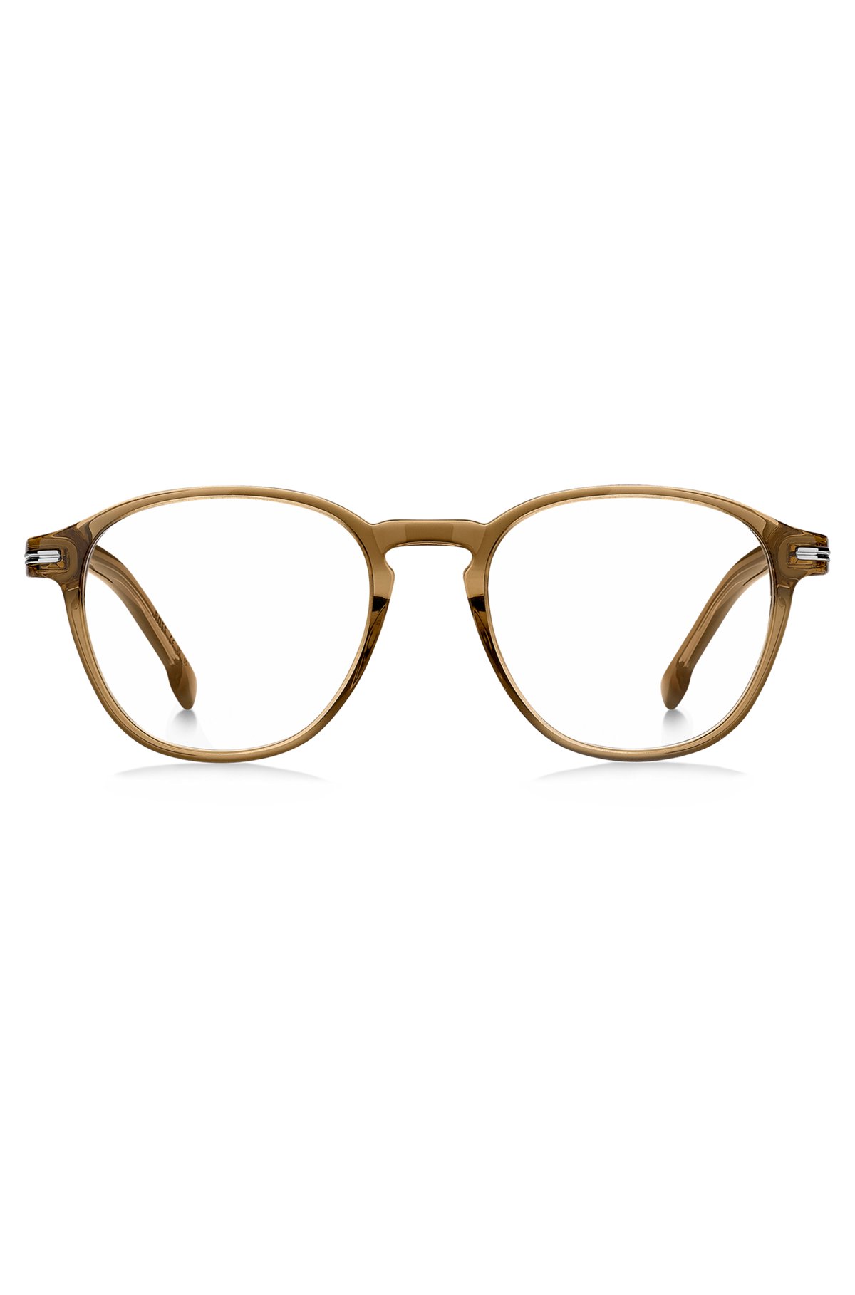 Brillenfassung aus braunem Acetat mit charakteristischen silberfarbenen Details, Hellbraun